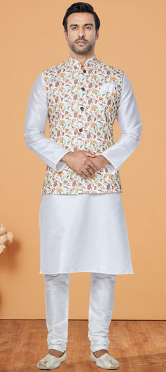 White and Off White color Kurta Pyjama with Jacket in Dupion Silk fabric with Embroidered work