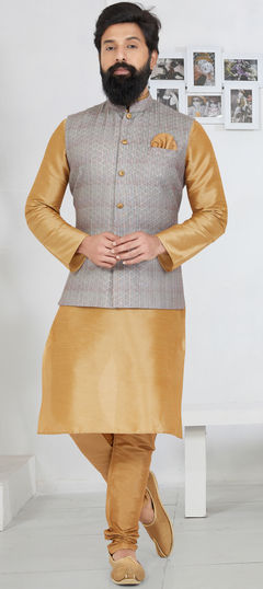 Gold color Kurta Pyjama with Jacket in Dupion Silk fabric with Embroidered work