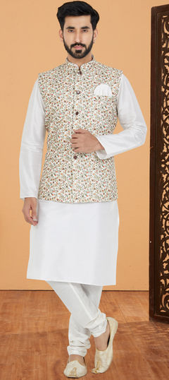 White and Off White color Kurta Pyjama with Jacket in Dupion Silk fabric with Embroidered work