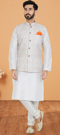 White and Off White color Kurta Pyjama with Jacket in Dupion Silk fabric with Embroidered work