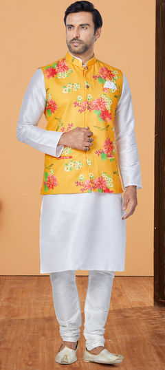 White and Off White color Kurta Pyjama with Jacket in Dupion Silk fabric with Floral, Printed work