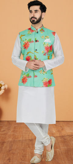 White and Off White color Kurta Pyjama with Jacket in Dupion Silk fabric with Printed work