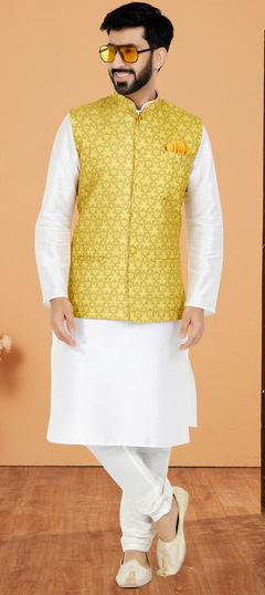 White and Off White color Kurta Pyjama with Jacket in Dupion Silk fabric with Printed work