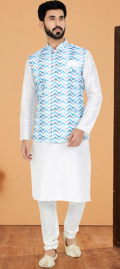 White and Off White color Kurta Pyjama with Jacket in Dupion Silk fabric with Printed work