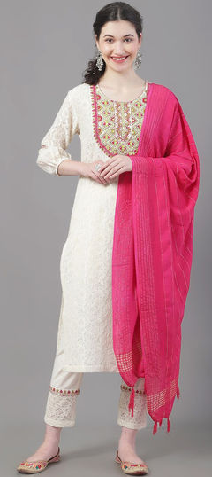 White and Off White color Salwar Kameez in Cotton fabric with Embroidered, Patch work