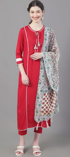 Red and Maroon color Salwar Kameez in Rayon fabric with Embroidered, Patch work