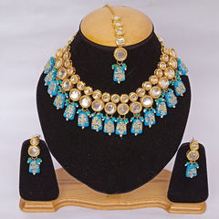 Gold Rodium Polish Blue color Bridal Jewelry in Metal Alloy studded with CZ Diamond