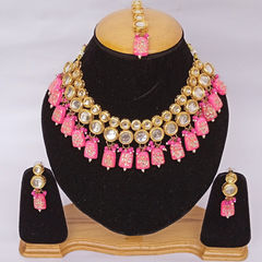 Gold Rodium Polish Pink and Majenta color Bridal Jewelry in Metal Alloy studded with CZ Diamond