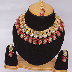 Gold Rodium Polish Red and Maroon color Bridal Jewelry in Metal Alloy studded with CZ Diamond