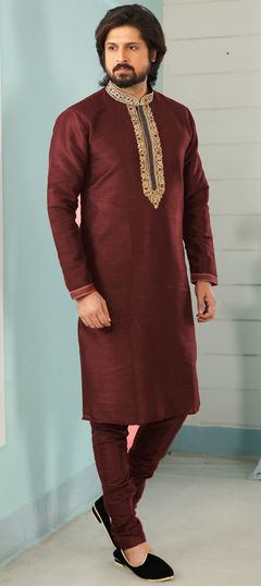 Red and Maroon color Kurta Pyjamas in Dupion Silk fabric with Embroidered, Thread work