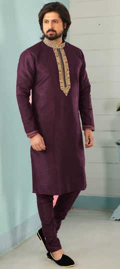 Purple and Violet color Kurta Pyjamas in Dupion Silk fabric with Embroidered, Thread work