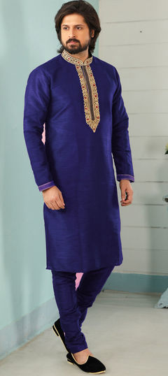 Blue color Kurta Pyjamas in Dupion Silk fabric with Embroidered, Thread work