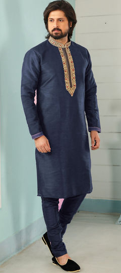 Blue color Kurta Pyjamas in Dupion Silk fabric with Embroidered, Thread work