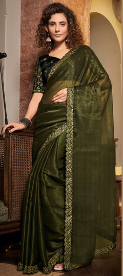 Green color Saree in Chiffon fabric with Embroidered, Sequence, Thread work