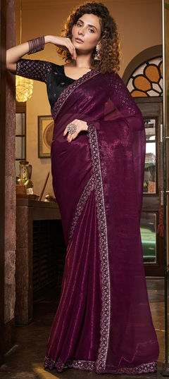 Purple and Violet color Saree in Chiffon fabric with Embroidered, Sequence, Thread work