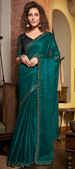 Green color Saree in Chiffon fabric with Embroidered, Sequence, Thread work