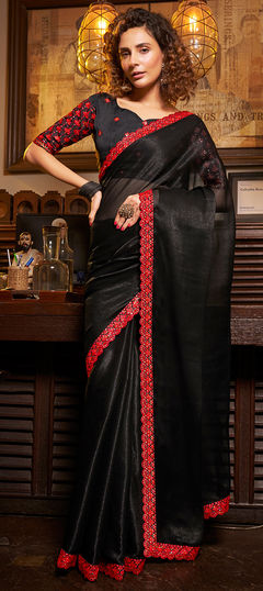 Black and Grey color Saree in Chiffon fabric with Embroidered, Sequence, Thread work