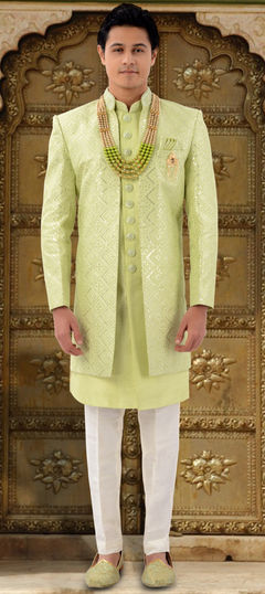 Green color IndoWestern Dress in Silk fabric with Embroidered, Sequence, Thread work