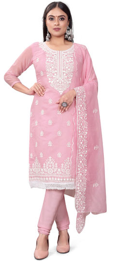 Casual Pink and Majenta color Salwar Kameez in Chanderi Silk, Cotton fabric with Churidar, Straight Embroidered, Sequence, Thread work : 1892870