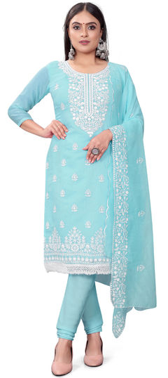 Blue color Salwar Kameez in Chanderi Silk, Cotton fabric with Embroidered, Sequence, Thread work