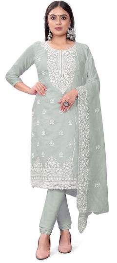 Black and Grey color Salwar Kameez in Chanderi Silk, Cotton fabric with Embroidered, Sequence, Thread work