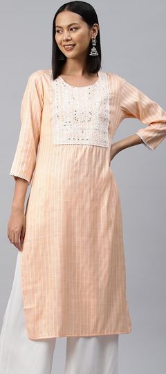 Pink and Majenta color Kurti in Muslin fabric with Embroidered, Resham, Sequence, Thread work