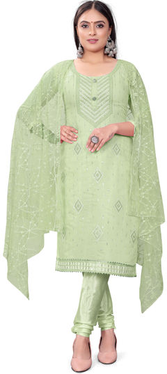 Casual Green color Salwar Kameez in Chanderi Silk, Cotton fabric with Churidar, Straight Embroidered, Sequence, Thread work : 1892976