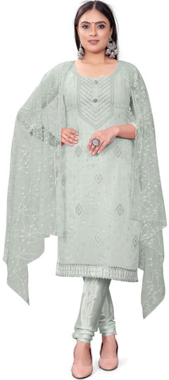 Black and Grey color Salwar Kameez in Chanderi Silk, Cotton fabric with Embroidered, Sequence, Thread work