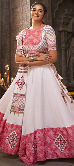 White and Off White color Lehenga in Cotton fabric with Embroidered, Mirror, Resham, Thread work