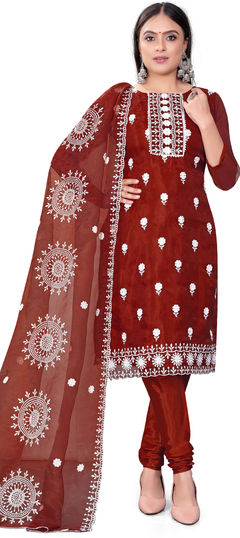 Red and Maroon color Salwar Kameez in Organza Silk fabric with Embroidered, Sequence work