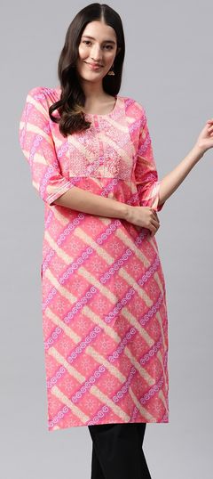 Multicolor color Kurti in Cotton fabric with Bandhej, Embroidered, Printed, Resham, Sequence, Thread work