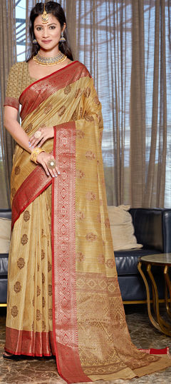 Gold color Saree in Raw Silk, Silk fabric with Weaving work