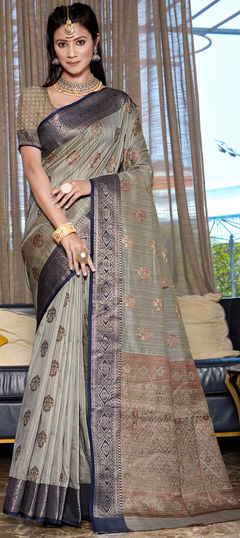 Black and Grey color Saree in Raw Silk, Silk fabric with Weaving work