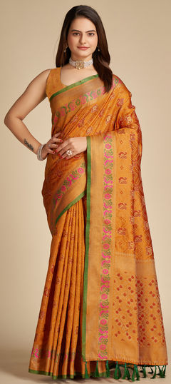 Yellow color Saree in Patola Silk, Silk fabric with Weaving work