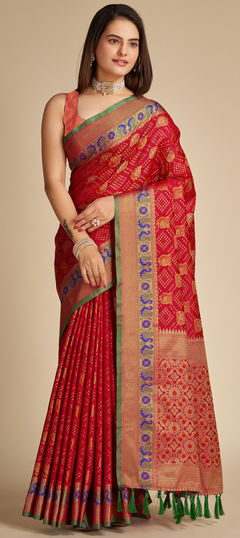 Red and Maroon color Saree in Patola Silk, Silk fabric with Weaving work