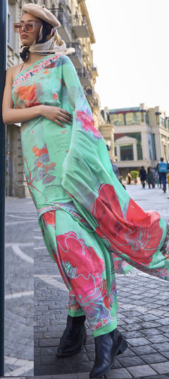 Green color Saree in Crepe Silk, Silk fabric with Digital Print work