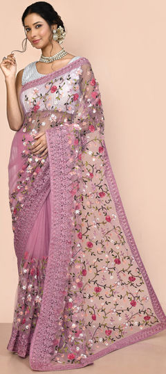 Purple and Violet color Saree in Net fabric with Embroidered, Sequence work