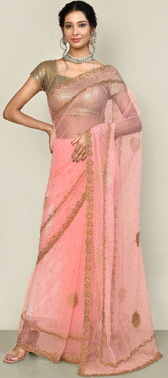 Pink and Majenta color Saree in Net fabric with Bugle Beads, Stone work