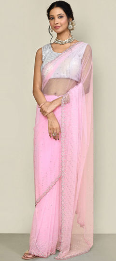 Pink and Majenta color Saree in Net fabric with Bugle Beads, Stone work