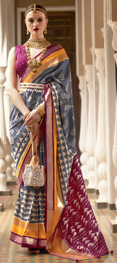 Black and Grey color Saree in Art Silk, Silk fabric with Printed work