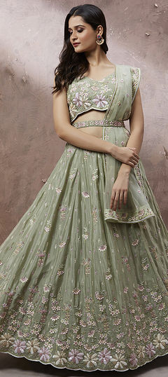 Bridal, Designer, Wedding Green color Lehenga in Georgette fabric with A Line Sequence work : 1893922