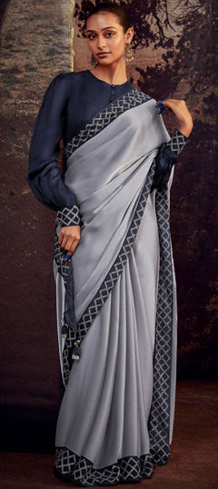 Black and Grey color Saree in Silk fabric with Border work