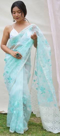 Blue color Saree in Organza Silk fabric with Embroidered, Lace, Resham, Thread work