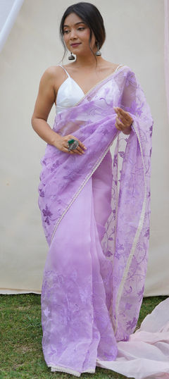 Purple and Violet color Saree in Organza Silk fabric with Embroidered, Lace, Resham, Thread work