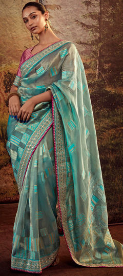 Blue color Saree in Silk fabric with Embroidered, Sequence, Thread, Zari work