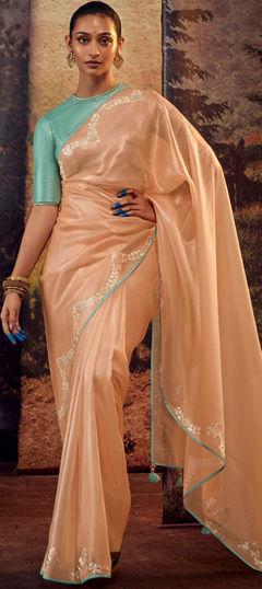 Beige and Brown color Saree in Silk fabric with Sequence, Thread, Zari work