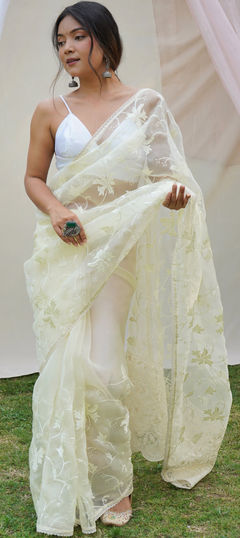 Yellow color Saree in Organza Silk fabric with Embroidered, Lace, Resham, Thread work