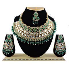 Gold Rodium Polish Green color Necklace in Metal Alloy studded with CZ Diamond, Kundan, Pearl