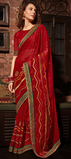 Red and Maroon color Saree in Chiffon fabric with Embroidered, Resham, Stone, Thread work