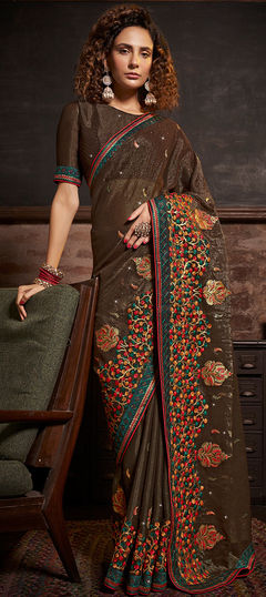 Beige and Brown color Saree in Chiffon fabric with Embroidered, Resham, Stone, Thread work